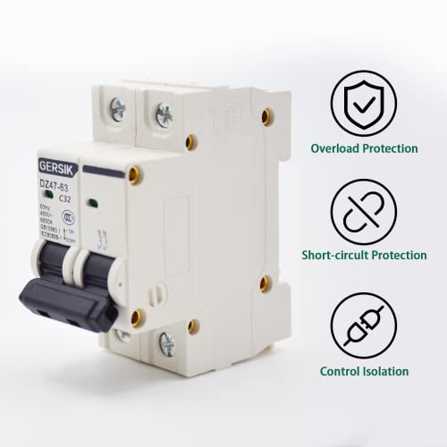 Gersik Ac Miniature Circuit Breaker, 32 Amp 400V 2 Poles Din Rail Mount Circuit Breaker, Thermal Magnetic Trip, Solar Ac Disconnect Switch Mcb C32 #TOP6