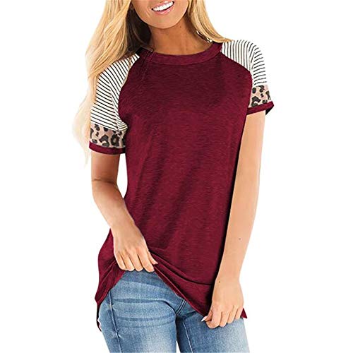 Preisvergleich Produktbild FrüHling Und Sommer Damen Rundhalsausschnitt Lose Gestreifte Leoparden NäHen Kurzarm T-Shirt