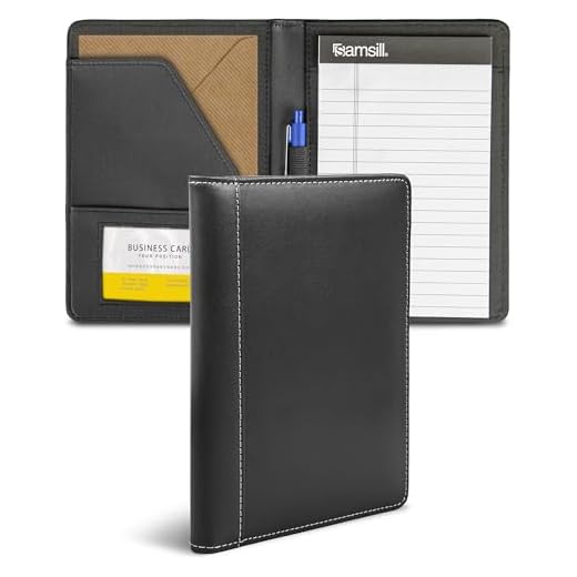 Samsill Pequeno portfólio de couro em ponto de contraste – pasta de portfólio júnior / pastas executivas para homens e mulheres, mini bloco de notas 12,7 x 20,8 cm, preto