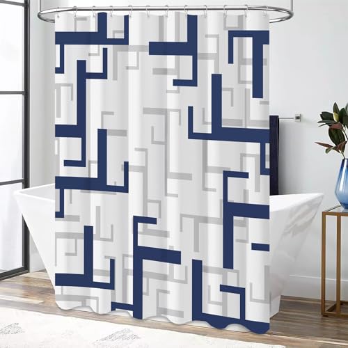BTTN 96 Inches Extra Long Shower Curtain - Geometric Thick Fabric Shower Curtain Set with 12 Hooks, Large Spa Modern Decorative Neutral Polyester Cloth Shower Curtains for Bathroom - 72x96, Navy Blue by BTTN - Used condition - Image 7
