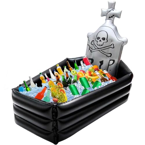 44Inch Inflatable Coffin Cooler Ice Chest Buffet Coffin Tombstone Ice Bucket for Drinks 100+ Cans Large Capacity Drink Beverage for Halloween Party Spooky Decor Picnic Barbecue Party(Tombstone Cooler)