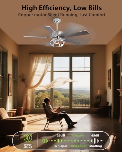 Image of Ceiling Fans with Lights and Remote - Modern Silver Ceiling Fan with Light and Remote, 3CCT, 6 Speeds, Quiet, Dual-Sided Reversible Blades Indoor Outdoor Chandelier Fan for Bedroom Living Room