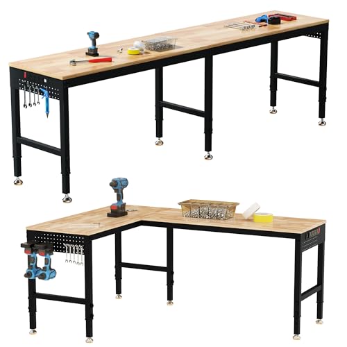 Betterhood 96 2-in-1 Convertible Adjustable Workbench L-Shaped & Extended 5000 LBS Heavy Duty Work Table with Power Outlets & Pegboard Rubber Wood Workstation for Garage Workshop
