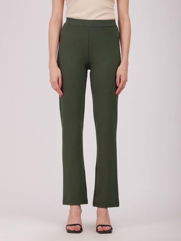 Image of FableStreet Women's Bootcut Stretch Livin Trousers | Nylon Rayon with Mid-Rise Waist | Solid Pattern & Plain Weave Fabric | Office Wear & Business Meetings