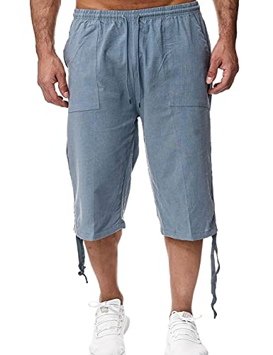 شورت طويل للرجال من الكتان من هانجنيفانج، بطول يصل أسفل الركبة ومصمم بجيوب، سروال كابري صيفي برباط سحب وطول ثلاثة أرباع، أزرق، مقاس XL