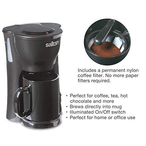 Salton 1 Cup Mini Single Serve Coffee Maker with Reusable Mesh Filter, With Bonus Ceramic Mug for Home or Office, Compact 10 Oz, Black (FC1205) by Salton - Image 5