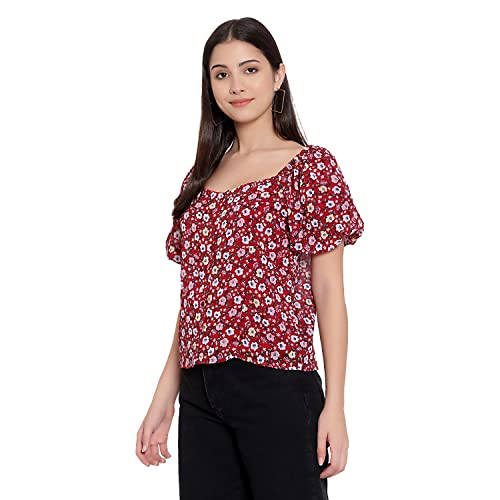 Image of FNOCKS Women Button Closure Short Sleeves Floral Printed Tops /Georgette Fabric