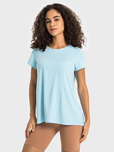 Rigolla Womens Short Sleeve Workout Shirts Yoga Sports Running T-Shirts Split Back Activewear Blue 10 #TOP1