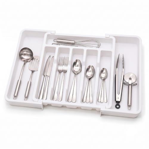 Image of CLAPONE Drawer Organizer Tray /Kitchen Expandable Utensil Tray /Adjustable Utensil Organizer /Cutlery Silverware Flatware Holder /Divider for Spoons Forks Knives Tableware (White, 2 Pieces)