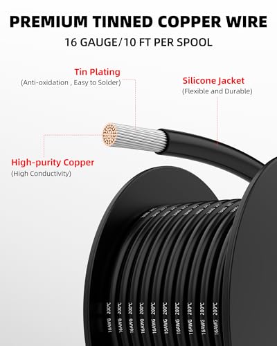 NAOEVO 16 Gauge Wire 60ft, 16 AWG Wire 6 Colors 10ft Each Spool, Flexible Silicone Tinned Copper Electrical Cable, Wiring kit for Breadboard/Automotive/DIY/Battery, 200℃ - Thumbnail 2