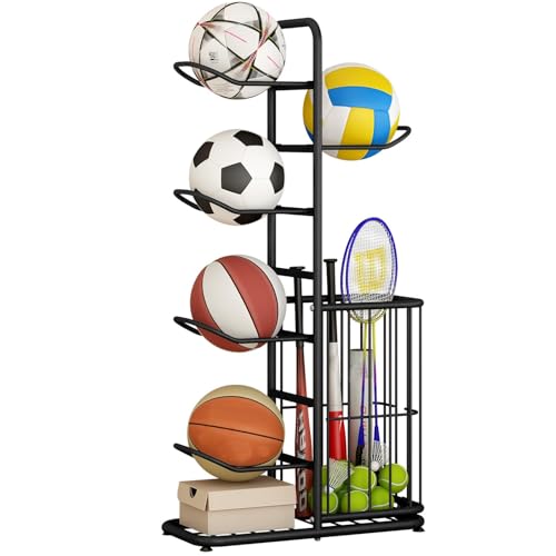 Ball Storage Rack With Basket - Football Stand, Sports Equipment Organizer for Garage, Basketball Holder, Toy/Sports Gear Storage Indoor (5 Balls)