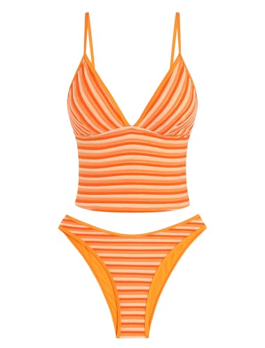 Image of ZAFUL Women's V Neck Tummy Control High Waisted Tankini Swimsuits | Adjustable Spaghetti Strap, Sexy Plunging Neck, Tummy Control Tank Top, Tie Side Cheeky Bikini Bottom, 2 Piece Bathing Suit