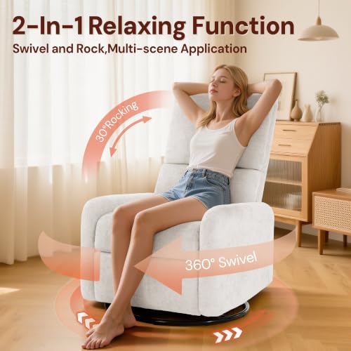 Image of Korser 360 Rocking Chair, Nursery Rocker Chair with Side Pockets, Glider Nursing Chair with Steel Structure Base, Small Chair for Small Spaces, Chenille Swivel Accent Chairs for Living Room, Nursing