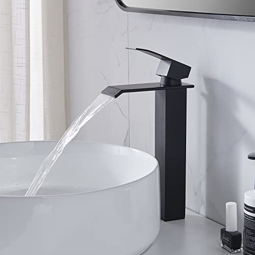 Shaco Matte Black Vessel Sink Faucet, Tall Waterfall Bathroom Faucet For Sink Bowl, Single Handle One Hole Bathroom Mixer Tap With Pop Up Drain And Water Supply Line, Lavatory Vanity Faucet #TOP7