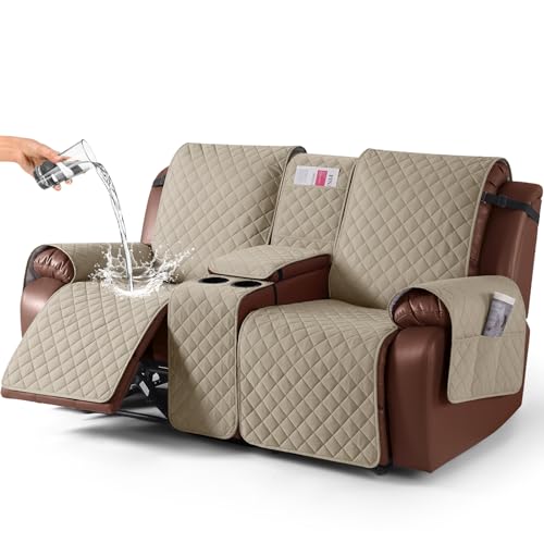 Image of KinCam 100% Waterproof Recliner Loveseat Cover with Console, Non-Slip Reclining Couch Covers for 2 Seat, Recliner Sofa Cover Furniture Protector with Elastic Straps for Kids, Pets, Khaki