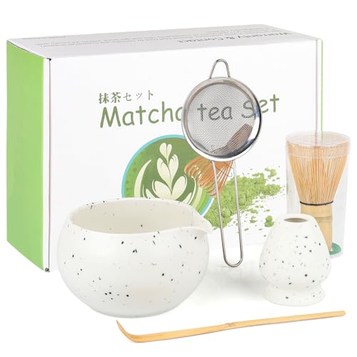 Matcha Set, 5 Stück,Matcha Schale Matcha Besen Set - Matcha Set für Einsteiger - Stylisches Matchas Set Matcha-Besen,Matcha Filtersieb,Chasen und Matcha Löffel Matcha-Liebhabe (Weiß)