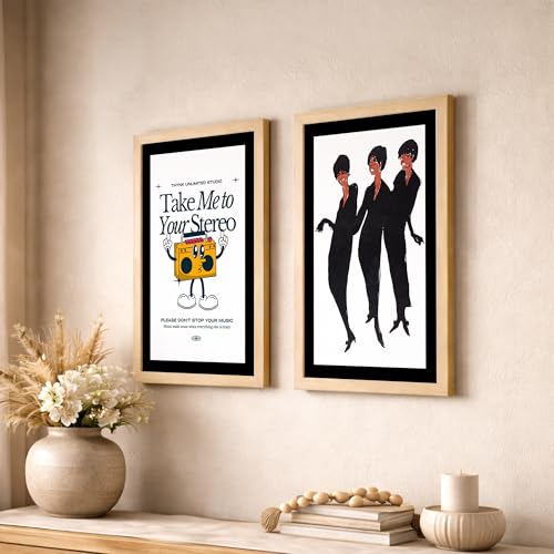 Image of NoWorries Retro Music and Fashion Disco Art Wall Painting | Vintage Stereo Quote & Dancing Silhouette Posters Frames | Premium 300 GSM Paper Print with Synthetic Wooden Frame | Modern Aesthetic Wall Decor for Living Room, Bedroom, Music Room & Office (Set of 2) (NATURAL, ART-6, 13X19INCHES)