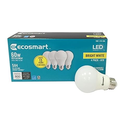 EcoSmart 60W Equivalent Bright White A19 Energy Star + Dimmable LED Light Bulb (4-Pack) Cover