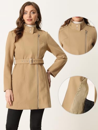Allegra K High Neck Winter Coat for Women's Zip Up Belted Mid-Long Overcoat2