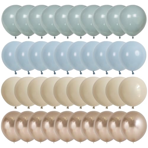 Image of 100pcs Dusty Blue Balloon Set | 12-Inch Baby Slate Blue, Sand White & Champagne Gold Confetti Balloons | Elegant Decor for Baby Shower, Wedding, Graduation & Boys' Birthday (2 Ribbons)