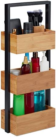 Relaxdays Bamboo Bathroom Shelf Unit, 3-Tier Basket Rack for Bathroom & Kitchen, Metal, 67x28.5x15 cm, Natural, 67 x 28 x 15 cm