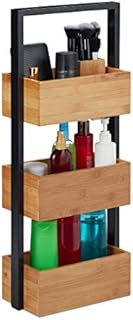 Relaxdays Bamboo Bathroom Shelf Unit, 3-Tier Basket Rack for Bathroom & Kitchen, Metal, 67x28.5x15 cm, Natural, 67 x 28 x 15 cm