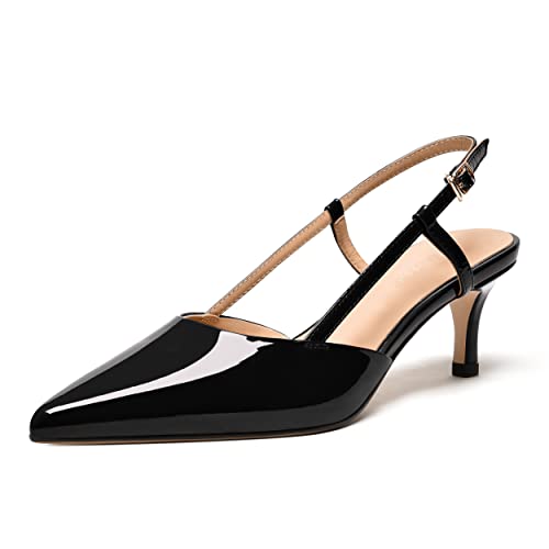 FEMSTEP Womens Dress Slingback Patent Leather Dating Pointed Toe Buckle Kitten Low Heel Pumps Shoes 2 Inch