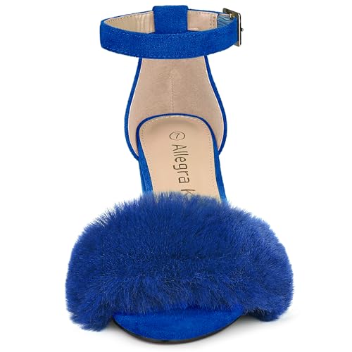 Allegra K Allegra K Women's Ankle Strap Faux Fur Block Heels Deep Blue Sandals 11 M US