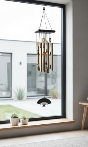 Image of Decorative Wind Chime for Home | Wooden House with Bells Colourful Beads | Positive Energy Balcony Living Room Hall Garden Home Decor (Wind Chimes with 8 Tubes)
