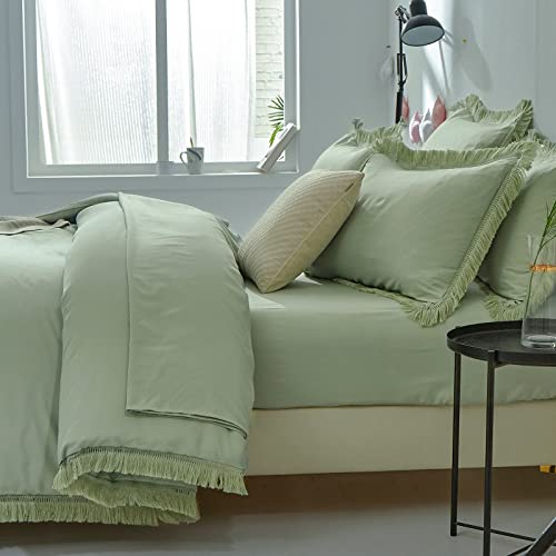7-Pieces Bed In A Bag Comforter Set Sage Green Tassel Comforter Set Boho Fringe Comforter Soft Microfiber Bedding Sets King (1 Comforter,2 Pillowcases,2 Pillow Shams,1 Flat Sheet,1 Fitted Sheet) #TOP4