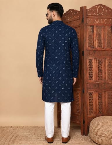 Buy ORIFAB Men’s Navy Blue Mirror Work Kurta Pajama Set Cotton Blend - Image 6