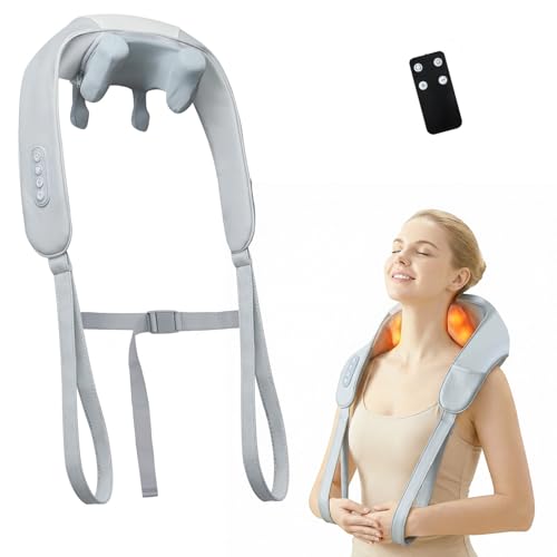 Ohiele Cordless Neck Massager with Heat for Pain Relief 6D Kneading Shiatsu Neck and Shoulder Massager Deep Tissue with Remote Use at Home Office Car - Gifts for Mothers Fathers Day(White Gray)