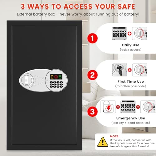 Bild 6 - 85L Großer Tresor Feuerfest für Zuhause, Digitaler Safe Tresor mit Feuersichere Dokumententasche & 3 Herausnehmbarem Regal, Möbeltresor für Schmuck Geld Medikamente Dokumente, 31T x 38B x 65H cm