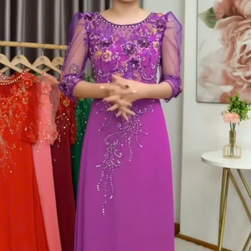 Vietnamese Evening Ao Dai, Round Neck, Beaded, Modified Ao Dai Party Dress4