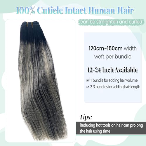 Image of Balayage Blonde Highlight Weft Hair Extensions Human Hair Weave Extension Black Hair Balayage White Grey Highlights Sew in Hair Extensions Real Human Hair Wefts 18 Inch Hair Wefts Weave Bundles 100G