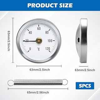 Termometri per Tubi Di Riscaldamento, 5 Pezzi Termometro Bimetallico, Termometro Di Superficie Del Tubo Dell'acqua Calda Con Clip, Termometro a Molla Bimetallico Da 63 mm per Tubi Superfici Olio
