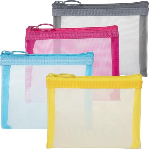 BEIQIYA 4pcs Mini Mesh Makeup Bags, Small Zipper Mesh Makeup Bags, Portable Cosmetic Pouch for Woman Purse Lipstick Keys Essentials Items Earphone Bank Cards- Gray & Pink & Blue & Yellow