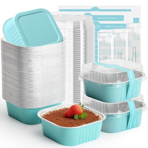 10oz 100pcs Mini Loaf Pans with Lids and Spoons,Square Blue Small Loaf Pans