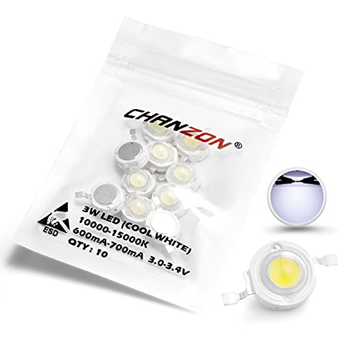 CHANZON 10 pcs High Power Led Chip 3W Cool White (10000k - 15000K / 600mA - 700mA / DC 3V - 3.4V / 3 Watt) Super Bright Intensity SMD COB Light Emitter Components Diode 3 W Bulb Beads DIY Lighting
