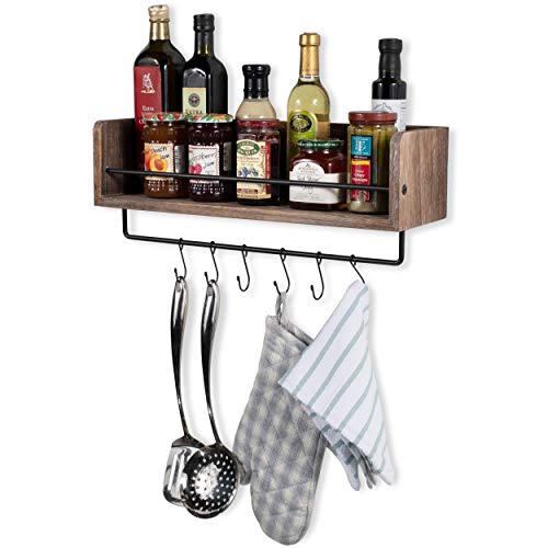 Rustic State William Wall Mount Floating Shelf with Rail and Hooks | Farmhouse Design 20 Inch Torched Distressed Wood Vintage (Distressed Walnut) - Thumbnail 2