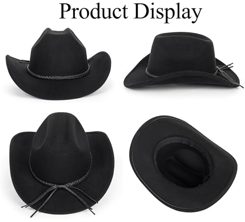 Vintage Western Cowboy Hat for Men Women - Wide Brim Cowgirl Fedora Hats with Braided Rope Band M4