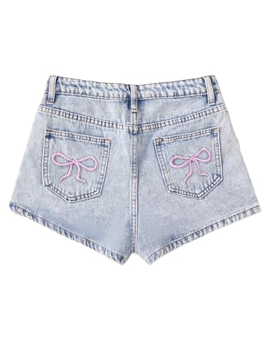 oyyniis Jean Shorts for Teen Girls Ripped Raw Hem High Waist Distressed Cute Summer Y2K Denim Shorts with Bow 12-14