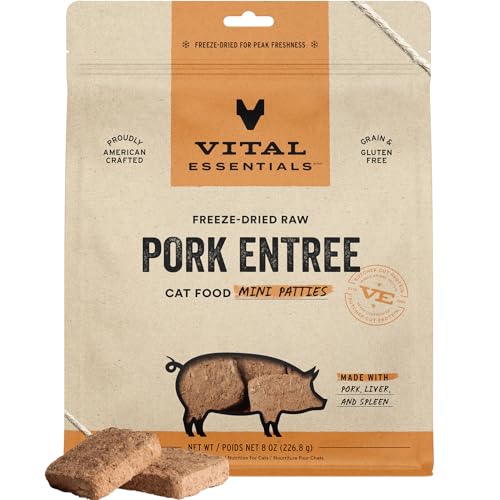 Vital-Essentials-Freeze-Dried-Cat-Food-Raw-Pork-Mini-Patties-Complete-Meal-or-Topper-Easy-to-Portion-and-Rehydrate-High-Protein-Grain-Free-Dry-Cat-Food-8-oz-Bag Vital Essentials Freeze Dried Cat Food, Raw Pork Mini Patties | Complete Meal or Topper | Easy to Portion and Rehydrate | High Protein, Grain Free Dry Cat Food | 8 oz Bag - Image 1