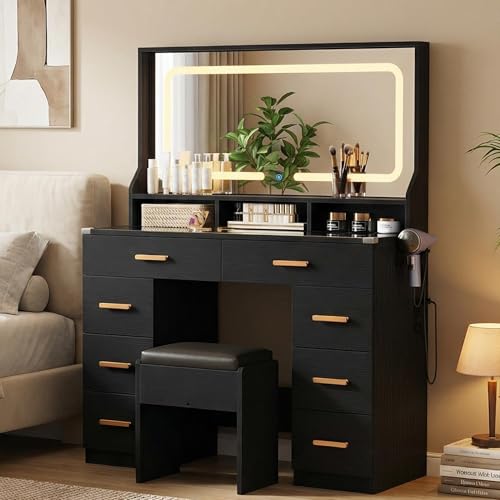 Garvee Vanity Desk with Mirror and Lights, Makeup Vanity Desk for Bedroom with 8 Drawers & 1 Vanity Chair & Power Outlet, Modern Dressing Table Set for Bedroom, Bathroom, Black Black 42.13"