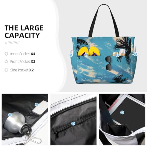 Hawaiian Print Large Beach Tote Bag Women Waterproof Sandproof Zipper Beach Tote Bag For Pool Gym Grocery Travel With Wet3