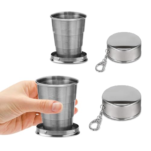 HYSENE 2 Pcs Stainless Steel Collapsible Cup, Foldable Cup with Lid and Keychain, Collapsible Cups for Traveling, Camping, Hiking, Biking and Daily Use (Middle)