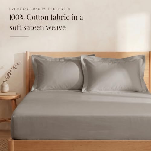 Image of Huesland 300 TC Premium 100% Pure Cotton Luxe Soft Touch Fitted Single Size Bedsheet Cotton with 2 Pillow Covers | Dessert Taupe | 36 x 78 Inches