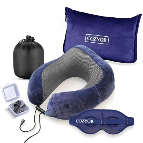 Cozyor Reiseset 4-teilig: Nackenkissen + Schlafmaske + Reisekissen & Reisedecke 2 in 1 + Ohrstöpsel, mit Rucksack-Clip & Kofferbefestigung, 100% Polyester für Flugzeug leicht, Kinder & Erwachsene
