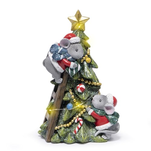 Hodao Christmas in July Mouse Figurine Tree Decor Hand-Painted Resin with Glitter Ladder Star Topper Candy Ornaments Garland Indoor Holiday Tabletop Statue for Bedroom Office Winter Gift