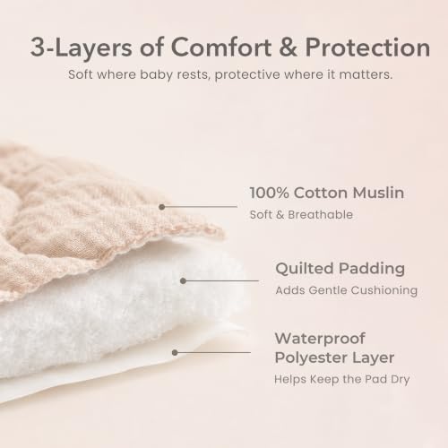 Image of Konssy 2 Pack Quilted Muslin Changing Pad Cover, Waterproof Layer 32 inch x 16 inch | 100% Cotton Surface with Silent Protection, Soft Changing Table Sheets, for Baby Boys and Girls (Biscotti)